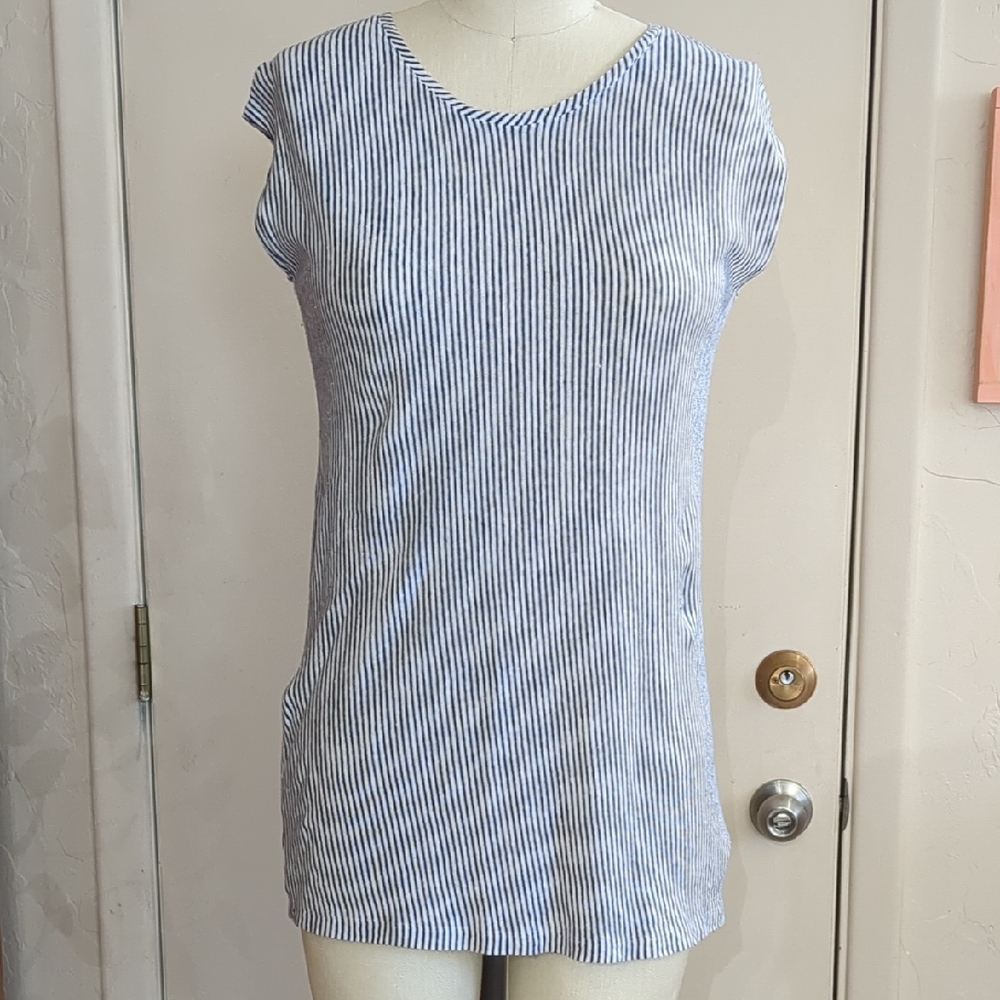 Lightweight Linen Blue and White Striped Blouse With Buttons In The Back
